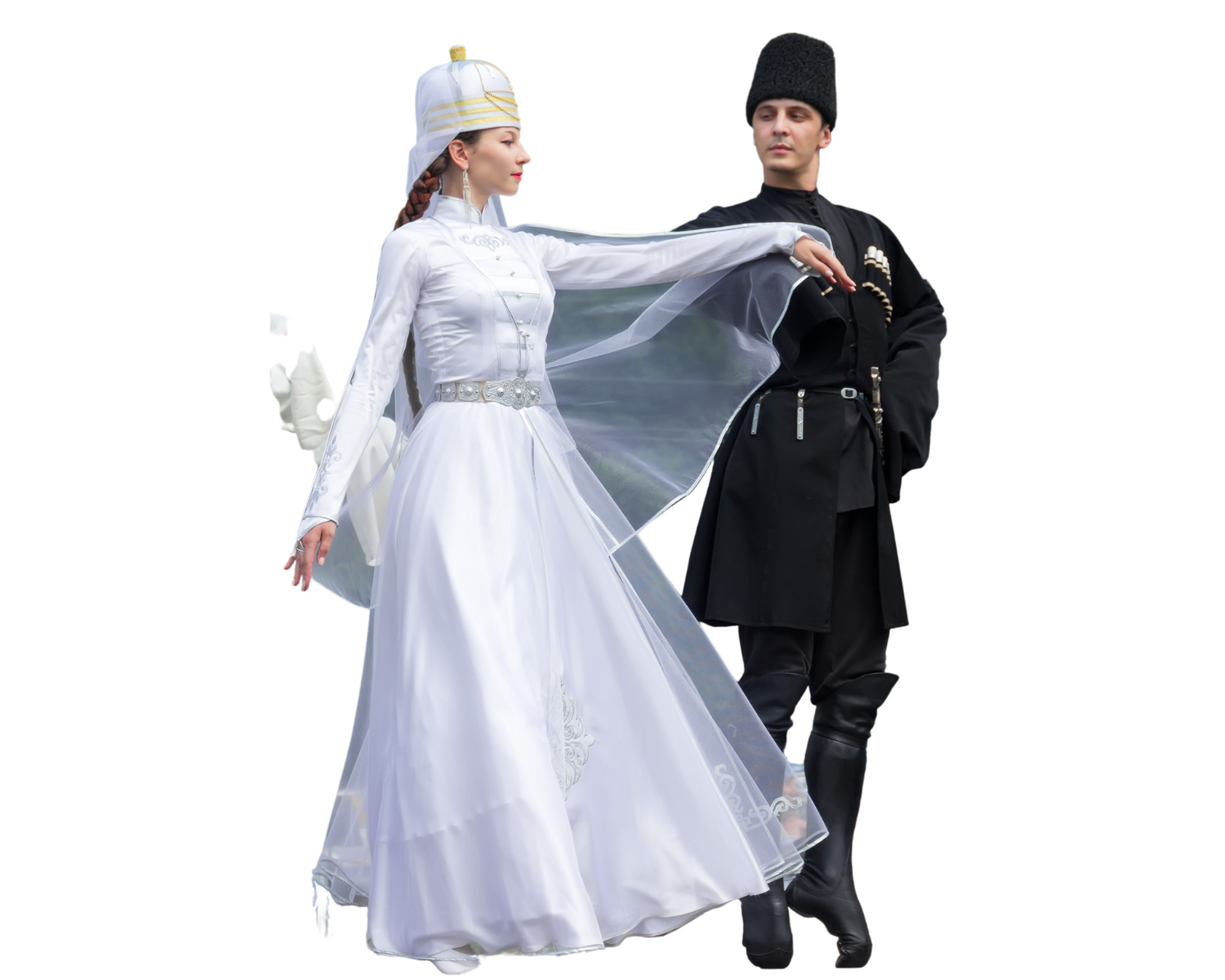 An image capturing the vibrant essence of Circassian dancing, featuring a man and a Circassian girl in traditional attire, gracefully moving in harmony. This scene epitomizes Circassian beauty, showcasing the elegance and rich cultural heritage of their dance.